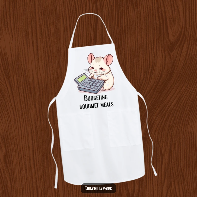 Funny chinchilla apron with a rodent concentrating on a large calculator, perfect for cooking with precision and humor.