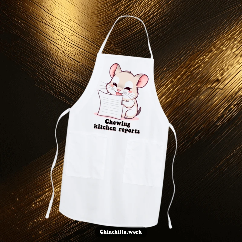Funny Chinchilla Apron: A kawaii office chinchilla with a mischievous grin chews on a blank report, ready for kitchen duty.
