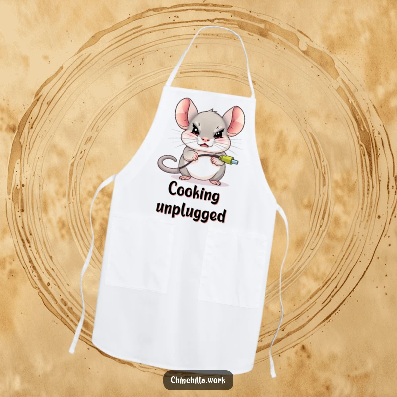 Funny chinchilla character firmly unplugging a giant computer mouse, shown on a practical and humorous cooking apron.