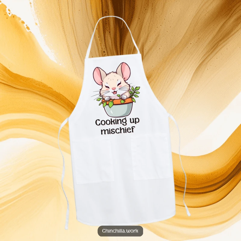Funny Chinchilla with a mischievous grin hiding behind a plant on an apron, ready for playful kitchen antics.