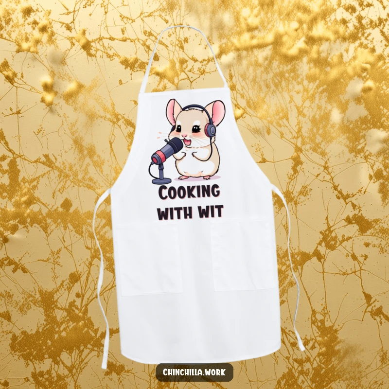 Funny apron with a chinchilla wearing a headset, chuckling into a microphone, ideal for cooking with a gamer's sense of humor.