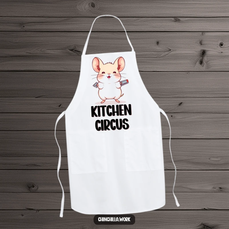 Funny apron featuring a chinchilla skillfully juggling staplers with impressive balance, ideal for cooking with a touch of quirky talent.