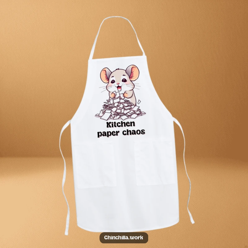 Funny chinchilla apron featuring a cute creature enthusiastically shredding important papers, a humorous and practical kitchen accessory.