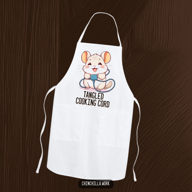 Funny Chinchilla Apron: Features a chinchilla tangled in a charging cable, perfect for a playful kitchen and as a funny gift.