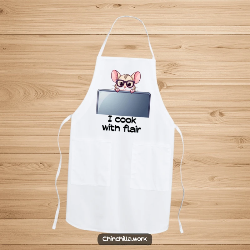 Funny Chinchilla Apron with a chinchilla wearing reading glasses, peeking over a computer monitor, great for a smart cook.