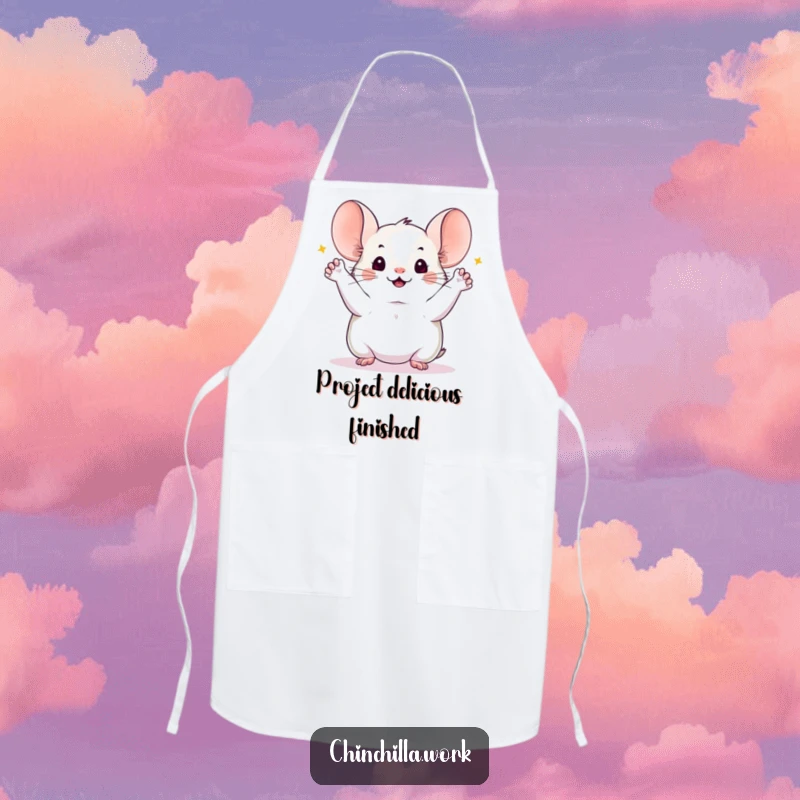 Funny chinchilla apron featuring a chinchilla with all four paws lifted in celebration of a successful kitchen project, adding humor to cooking.