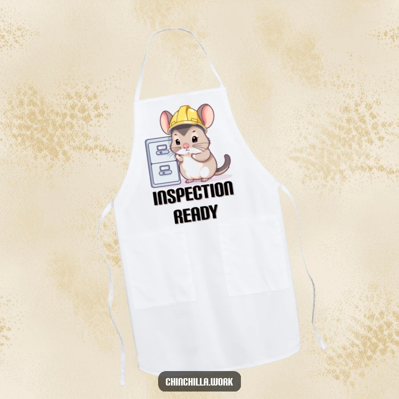 Funny chinchilla apron depicting a rodent in a hard hat inspecting a file cabinet, a humorous kitchen accessory.