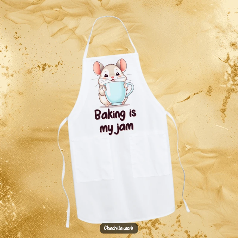 Funny chinchilla apron depicting a happy rodent holding a steaming mug, ideal for delightful kitchen moments.