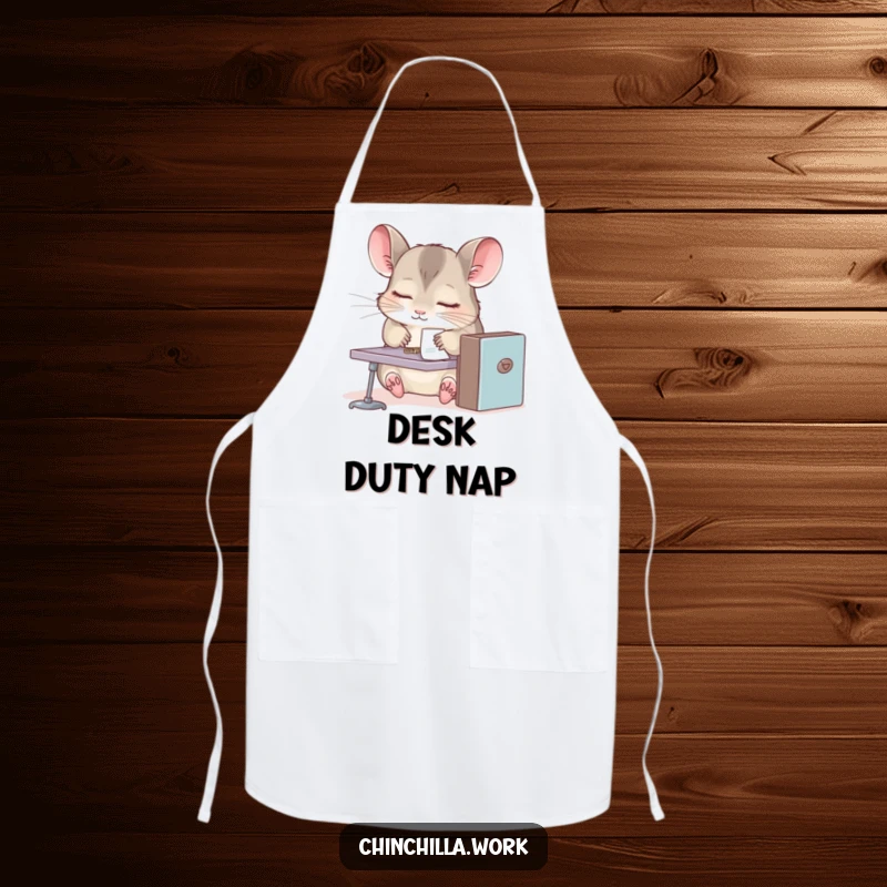 Funny chinchilla apron, sleepy rodent at miniature desk, paperclip attached, ideal for cooking, baking, and kitchen humor.