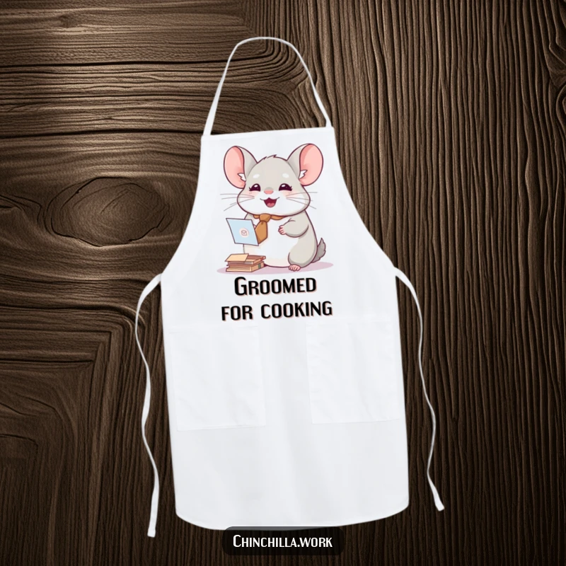 Funny kitchen apron with a chinchilla wearing a tiny tie, joyfully sorting mail, perfect for cooking or crafts.