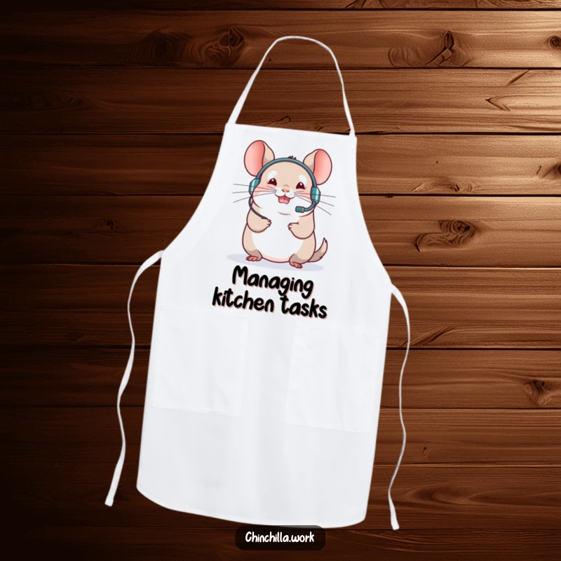 Funny chinchilla apron with a rodent wearing a headset, enthusiastically leading a virtual meeting, perfect for kitchen fun.