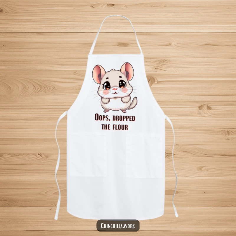 Funny chinchilla apron depicting a rodent with exaggerated wide eyes, comically shocked by a memo, ideal for kitchen humor.