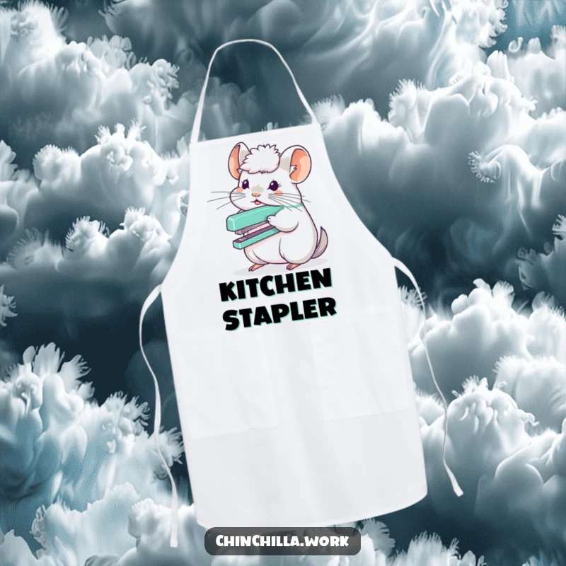 Funny chinchilla character balancing a stapler on its fluffy head, shown on a practical and humorous cooking apron.