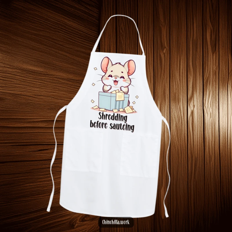 Funny kawaii chinchilla apron with a smiling rodent joyfully shredding documents, ideal for kitchen humor.