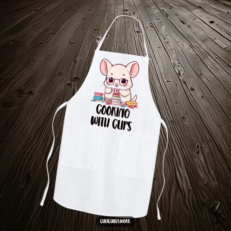 Funny apron depicting a kawaii office chinchilla precisely stacking small paperclips, ideal for kitchen organization.