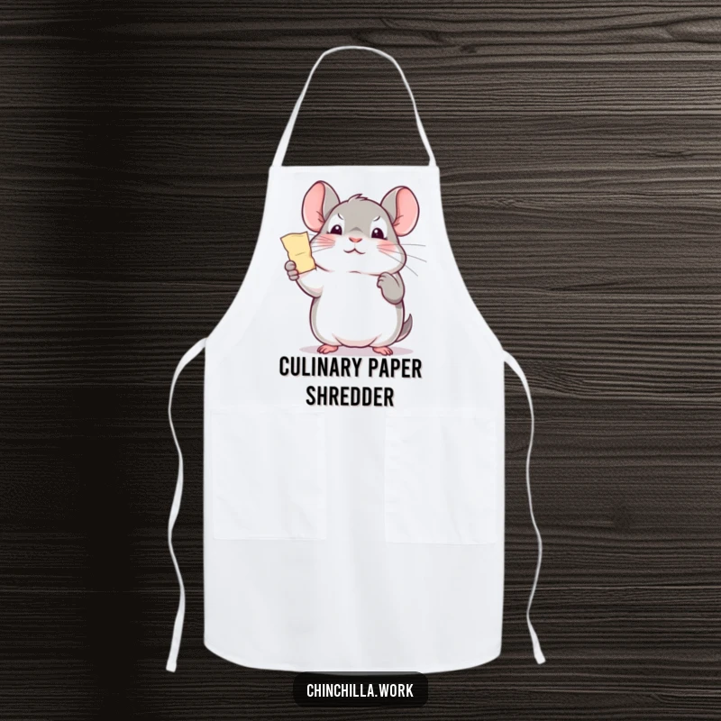 Funny office chinchilla apron, triumphantly holding a paper shred, perfect for celebrating kitchen wins with cute humor.