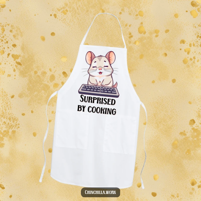 Funny surprised chinchilla keyboard apron caught mid-nap, perfect for cooking and a funny gift.
