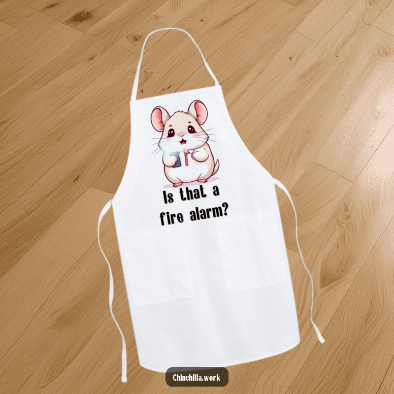 Funny apron with a kawaii office chinchilla startled by a flashing light, ideal for kitchen use.