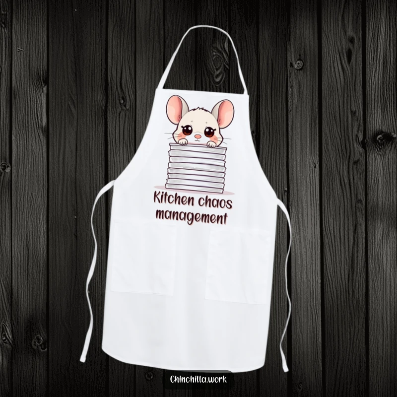 Funny office chinchilla apron, peeking over papers, perfect for adding cute and humorous protection during work tasks.