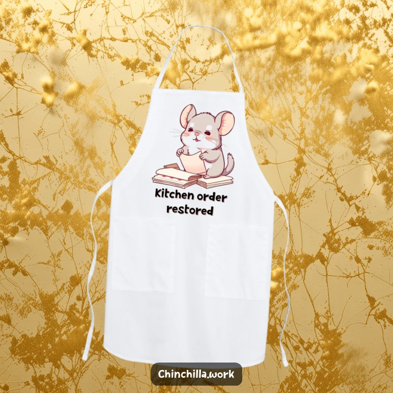 Funny Kawaii Chinchilla Apron: Features a chinchilla organizing papers, perfect for a tidy kitchen and as a funny gift.