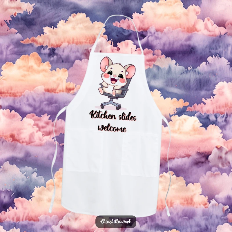 Funny kawaii chinchilla apron with a happy rodent sliding down an office chair, perfect for cooking with cute humor.