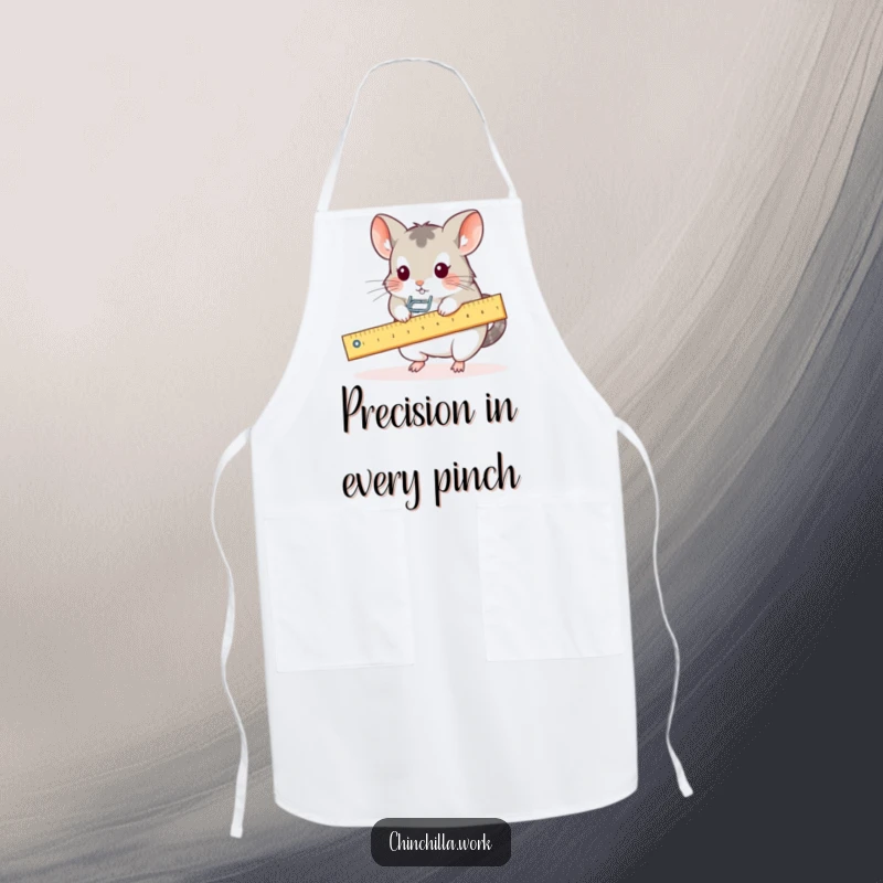 Funny apron showing a kawaii office chinchilla playing on a ruler seesaw with a paperclip, great for kitchen humor.