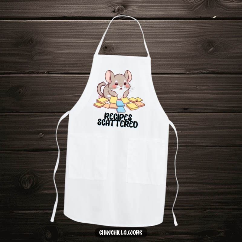 Funny chinchilla apron depicting a rodent comically trying to organize sticky notes, a humorous kitchen accessory.