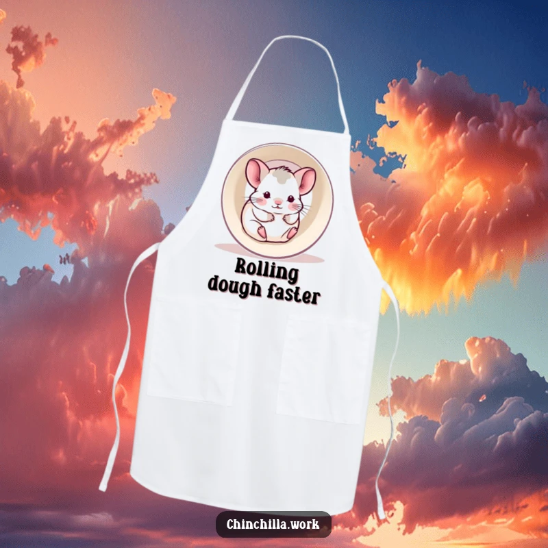 Funny apron with a kawaii office chinchilla happily rolling inside a hollowed-out printer paper roll.