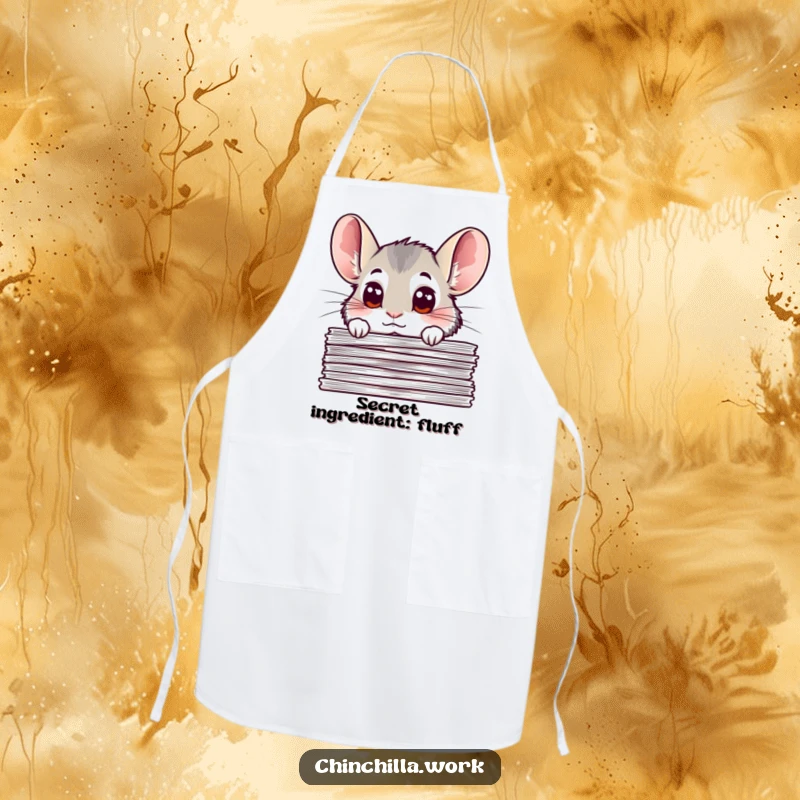 Funny chinchilla apron with a chinchilla peeking with curious eyes from behind important documents, designed for humorous kitchen use or as a gift.