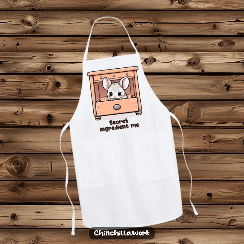 Funny Chinchilla Apron depicting a chinchilla playfully hiding inside an open desk drawer, ideal for a fun kitchen.