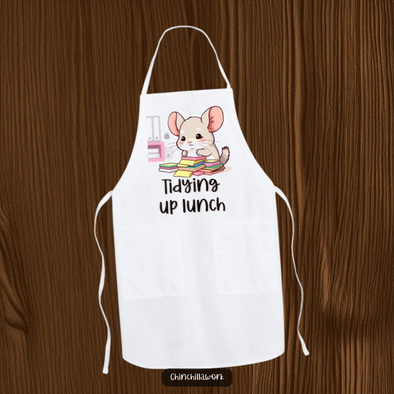 Funny apron with a kawaii office chinchilla surrounded by sticky notes, trying to organize them.