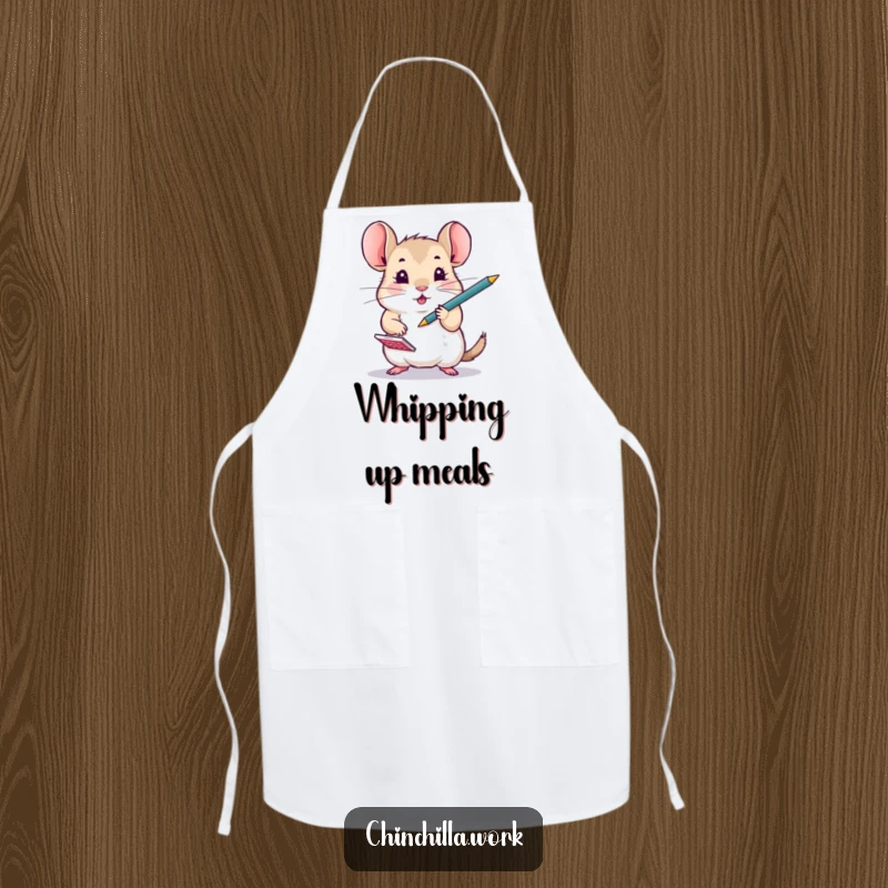 Funny Chinchilla wearing an apron, energetically juggling a pen and notepad, ready for kitchen multitasking.