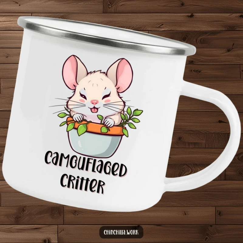 Funny Chinchilla with a mischievous grin hiding behind a plant on a sturdy camping mug, perfect for outdoor fun.