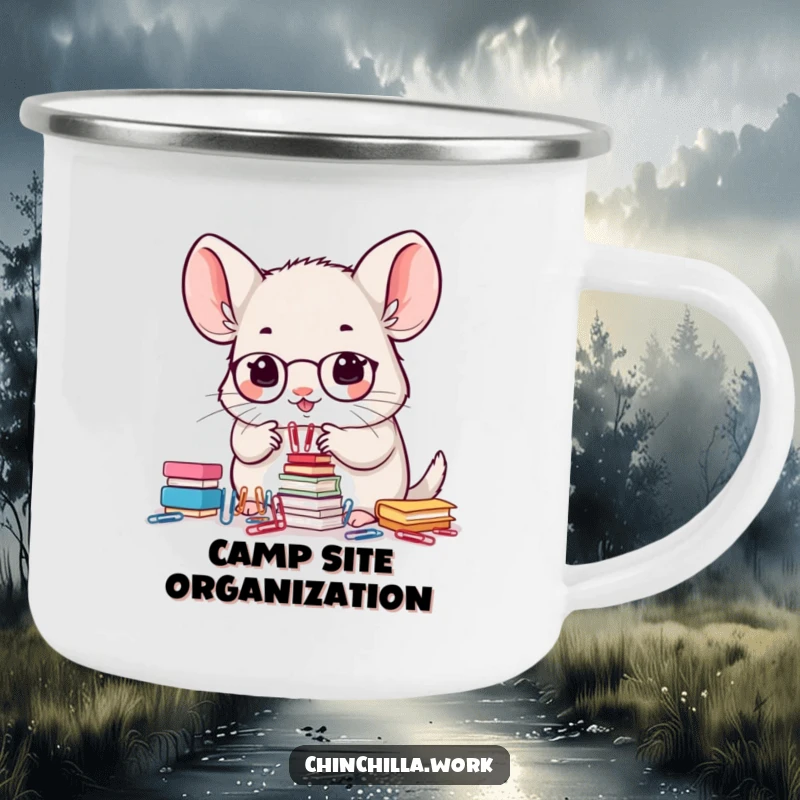 Funny camping mug showcasing a kawaii office chinchilla precisely stacking small paperclips, adding workplace charm.