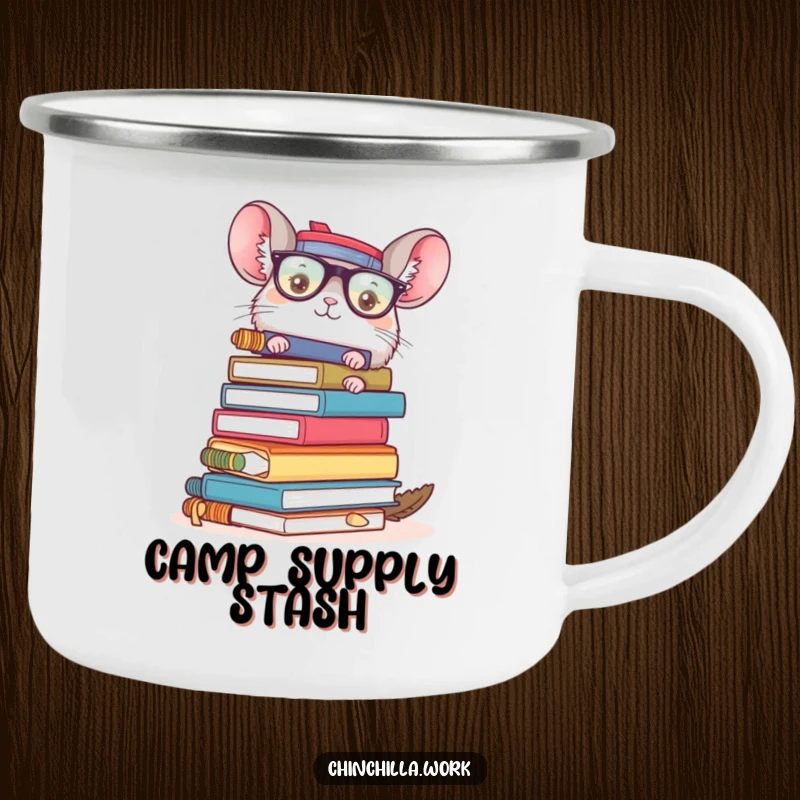 Funny chinchilla office chaos camping mug with a character holding a precarious stack of supplies, perfect for outdoor enjoyment and work humor.