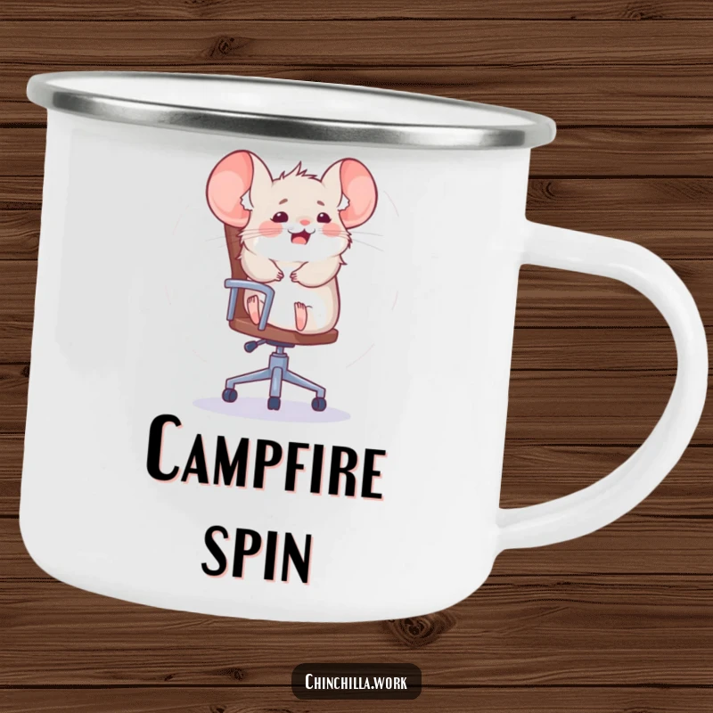 Funny chinchilla camping mug showing a happy rodent spinning on an office chair, ideal for adventure and humor.