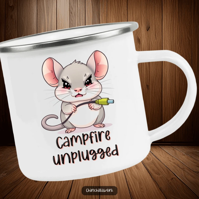 Funny chinchilla character determinedly unplugging a giant computer mouse, featured on a durable camping mug for tech humor anywhere.
