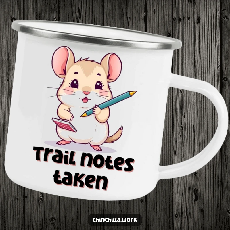Funny Chinchilla juggling a pen and notepad on a durable camping mug, ideal for busy outdoor enthusiasts.
