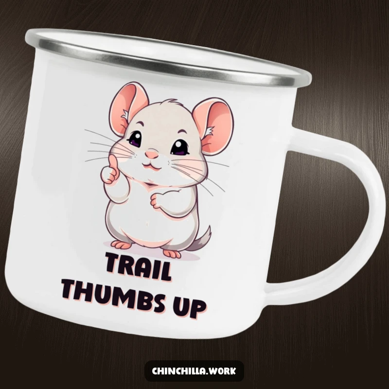 Funny chinchilla camping mug showing a rodent giving a determined thumbs up, ideal for adventure and positive encouragement.