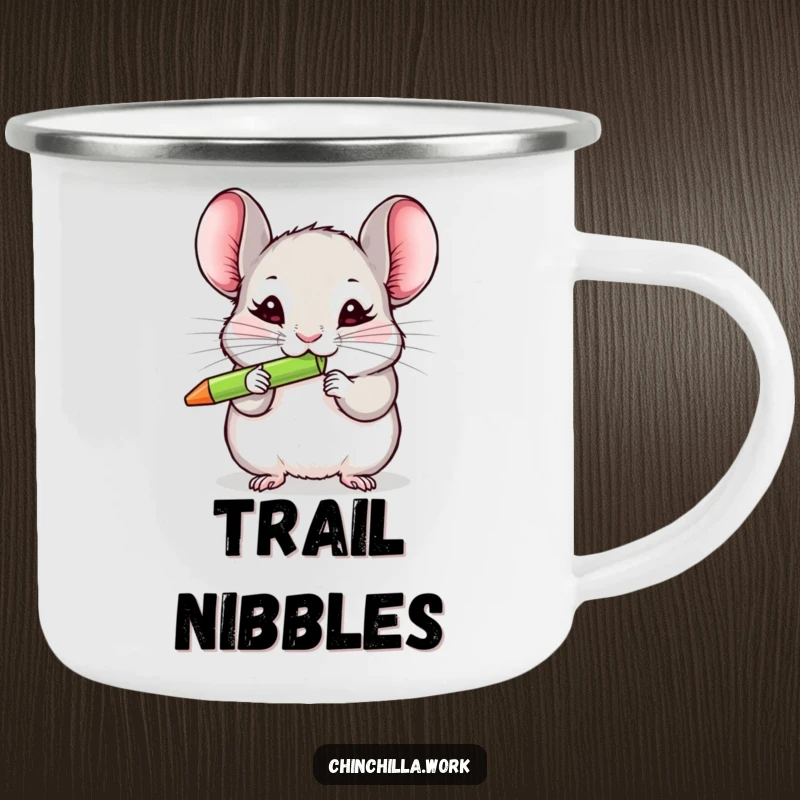 Funny chinchilla camping mug showing a happy rodent chewing a pen, ideal for trailside coffee and humor.
