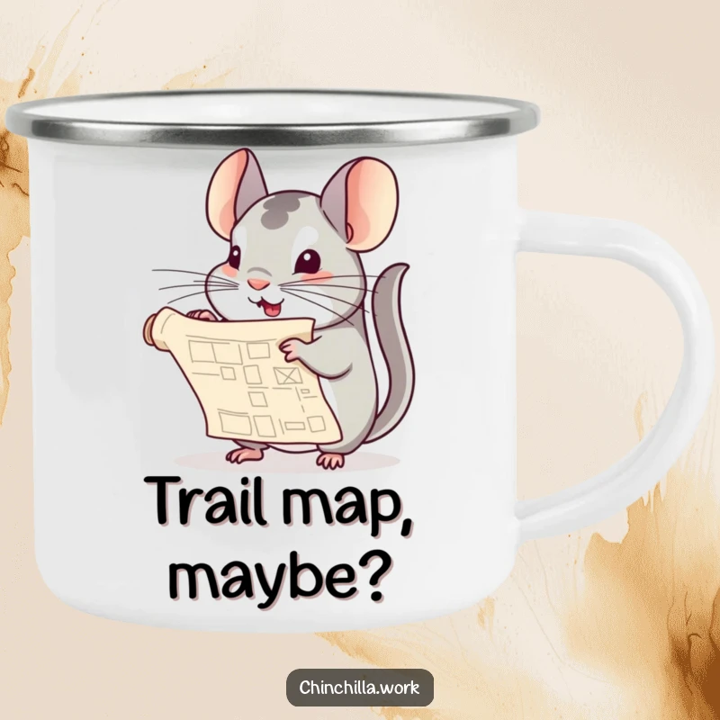 Funny Chinchilla Camping Mug: A chinchilla joyfully unfurls a rolled blueprint, ready for creative planning on any outdoor expedition.