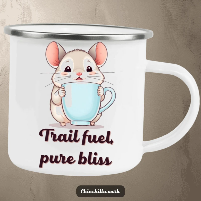 Funny chinchilla camping mug showing a happy rodent delightedly holding a steaming mug, ready for adventure.