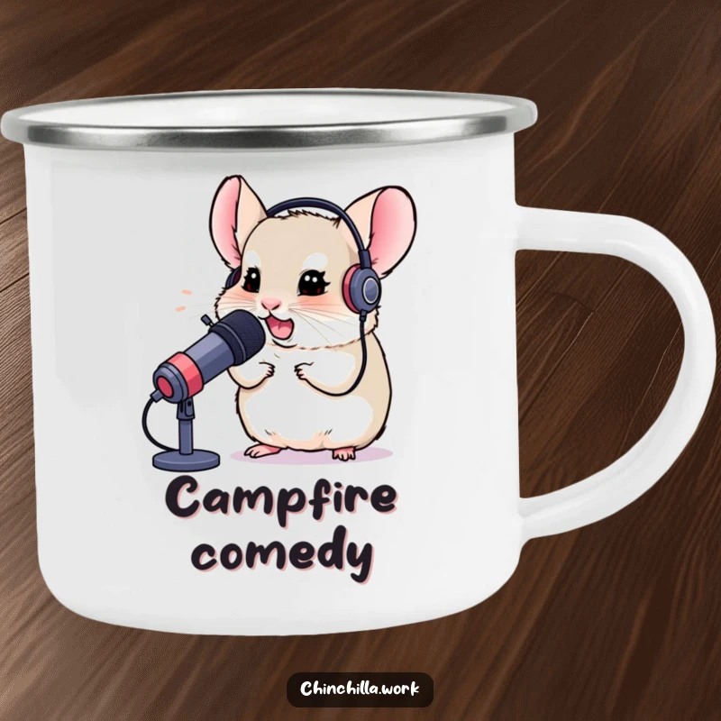 Funny camping mug with a chinchilla wearing a headset, chuckling into a microphone, ideal for outdoor gaming sessions or relaxation.