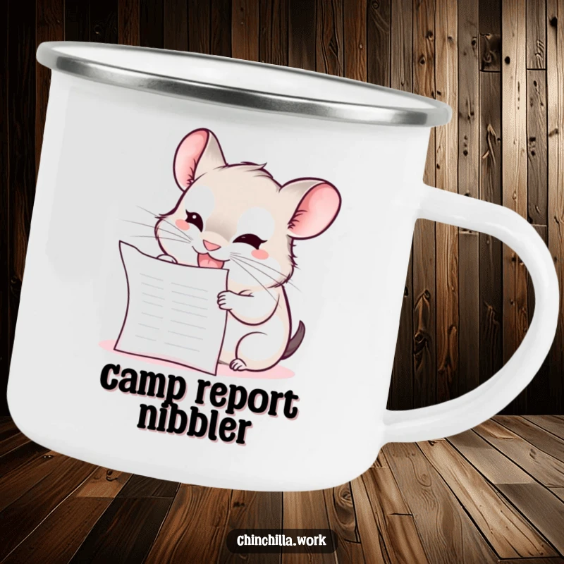 Funny Chinchilla Camping Mug: A kawaii office chinchilla grins mischievously while chewing on a blank report, perfect for travel.