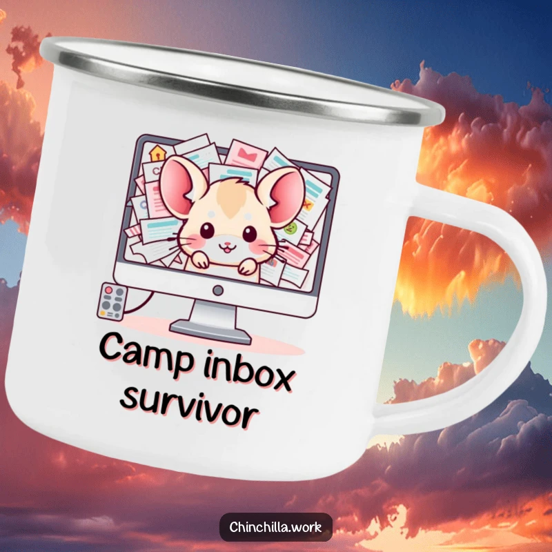 Funny Chinchilla Camping Mug: A kawaii office chinchilla peeks from an overflowing inbox on a computer screen, perfect for travel.
