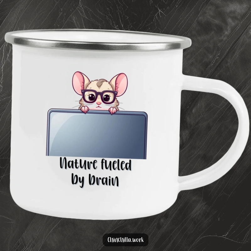 Funny Chinchilla Camping Mug featuring a chinchilla with reading glasses peeking over a monitor, perfect for smart adventurers.