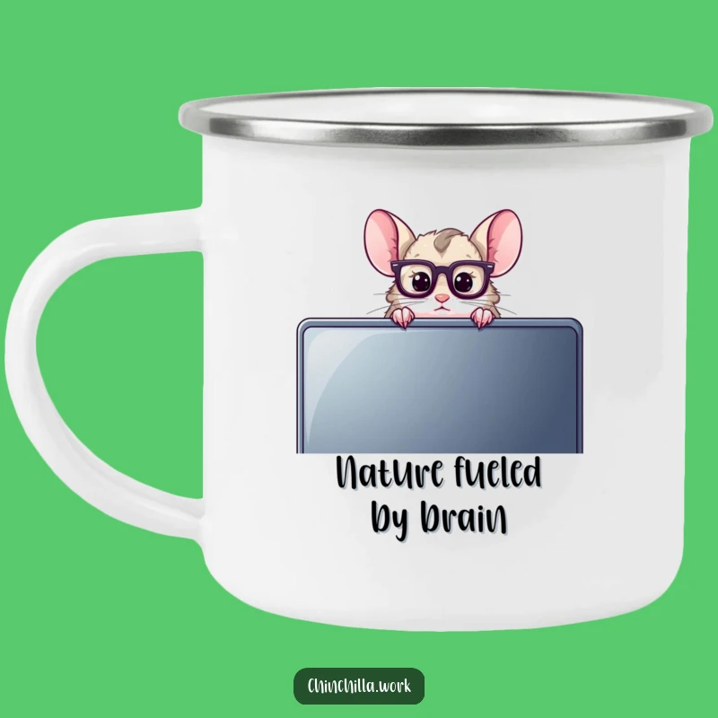 Funny Chinchilla Camping Mug: Reading Glasses Over Monitor Enamel Cup for Adventurous Minds