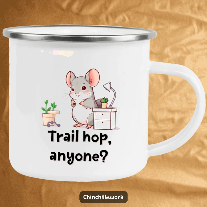 Funny Chinchilla Camping Mug: A chinchilla hops joyfully at a miniature desk, symbolizing energetic enthusiasm for any outdoor pursuit.