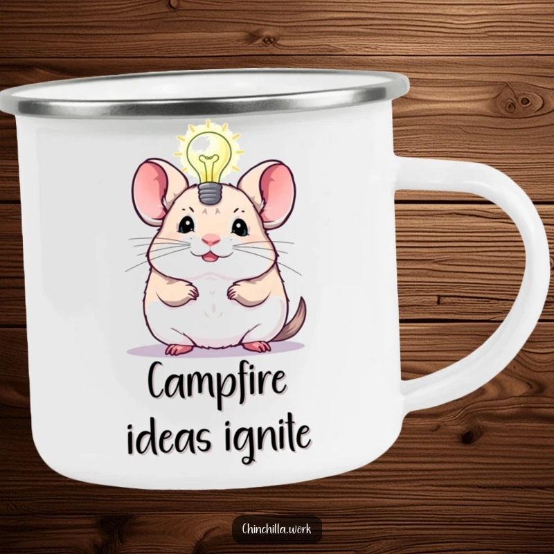 Funny Chinchilla Camping Mug with a lightbulb, symbolizing bright ideas and rugged adventure for outdoor enthusiasts.