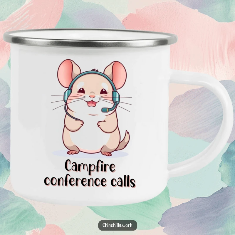 Funny chinchilla camping mug featuring a rodent in a headset leading a virtual meeting, perfect for outdoor work fun.